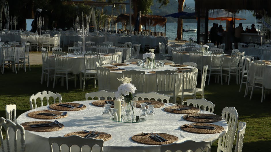 Elegant outdoor wedding reception by the lake
